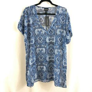 Cover2Cover Womens Swim Cover Up Sheer Paisley V Neck Oversized Blue Size S